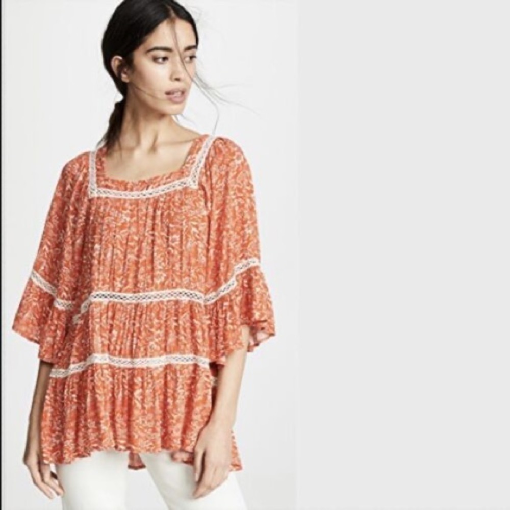Free People Orange And Cream Talk About It Flowy Tunic Blouse Size XS